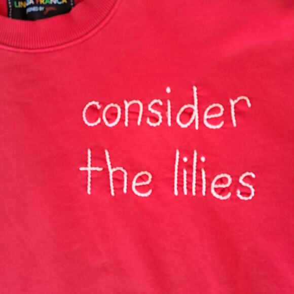 LINGUA FRANCA Women's Embroidered Sweatshirt Red "Consider the Lilies" - Picture 5 of 9